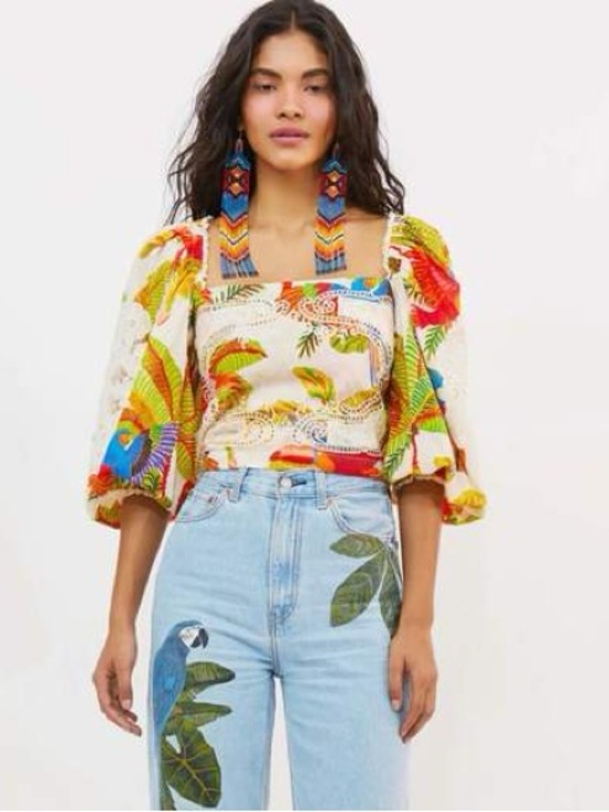 FARM Rio Tops - FARM Rio Off White Forest Birds Puff-Sleeve Crop Top, Size XS